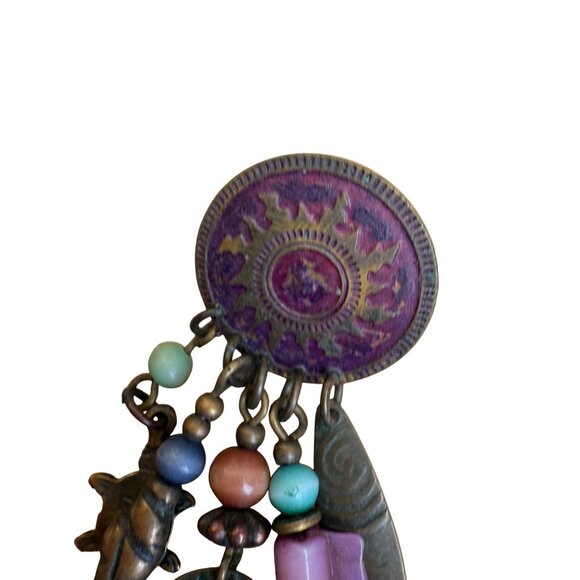 VTG Multicolor Beaded Textured Sun Dangle Drop Earrings Brass Tone Hippie Boho - Picture 2 of 4